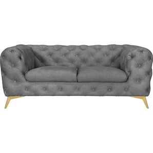 Chesterfield-Sofa LEONIQUE Glynis Sofas Gr. B/H/T: 185 cm x 75 cm x 99 cm, Samtoptik, Fußfarbe goldfarben, grau (hellgrau) Chesterfieldsofas aufwändige Knopfheftung, moderne Chesterfield Optik, Fußfarbe wählbar