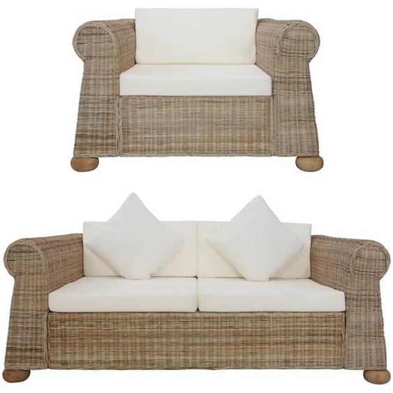 2-tlg. Sofagarnitur mit Auflagen Natur Rattan