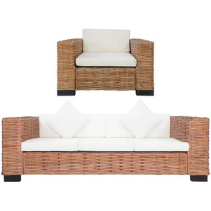 2-tlg. Sofagarnitur mit Auflagen Natur Rattan