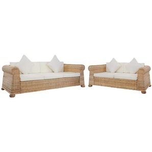 2-tlg. Sofagarnitur mit Kissen Natur Rattan