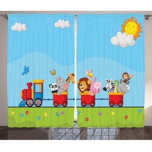 2-tlg. Vorhang-Set Cartoon Tier im Zug mit Geburtstagshintergrund Sonne und Wolke Löwe Zebra mit Stangendurchzug, halbtransparent