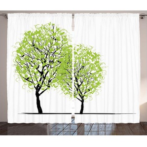 2-tlg. Vorhang-Set Frühlingsbäume mit auf dem Ast sitzenden Vögeln Warm Life mit Stangendurchzug, halbtransparent