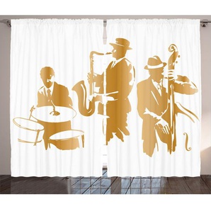 2-tlg. Vorhang-Set Vintage-Stil Illustration von Jazz Band spielt den Blues mit Stangendurchzug, halbtransparent