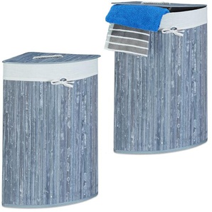 2 x Eckwäschekorb Bambus, faltbare Wäschebox 60 Liter, platzsparend, Wäschesack Baumwolle, 65 x 49,5 x 37 cm, grau