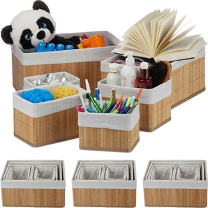 24 x Aufbewahrungskorb Bambus, mit Stoffbezug, rechteckig, Regalkorb Bad, Accessoires, dekorativer Organizer, natur