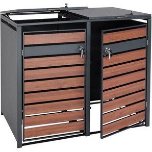2er Mülltonnenverkleidung HHG 352, Mülltonnenbox, erweiterbar, Metall 50kg, anthrazit Kirsche-Holzoptik dunkelbraun