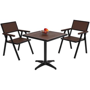 2er-Set Gartenstuhl+Gartentisch HWC-J95, Stuhl Tisch, Gastro Outdoor-Beschichtung, Alu Holzoptik ~ schwarz, dunkelbraun