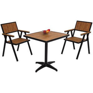2er-Set Gartenstuhl+Gartentisch HWC-J95, Stuhl Tisch, Gastro Outdoor-Beschichtung, Alu Holzoptik ~ schwarz, teak