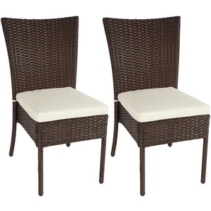 2er-Set Poly-Rattan Stuhl HHG 949, Balkonstuhl Gartenstuhl, stapelbar braun, Kissen creme