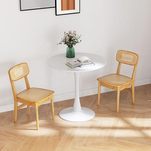 2er Set Rattan-Esszimmerstühle mit simulierter Rattan-Rückenlehne & Filzfußmatten & Holzgestell Mid-Century-Stil