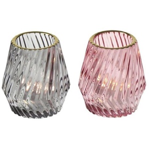 2er Set Teelicht Gläser H=9 cm rosa grau gold Halter Windlicht Glas Satz Fancy