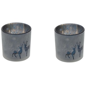 2er Set Windlicht Hirsch Motiv Weihnachten dunkel blau Teelicht Glas Kerze Deko