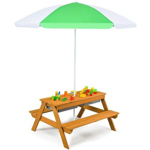 3 in 1 Kinder Picknicktisch mit Sonnenschirm & Bänke, Kindersitzgruppe aus Holz mit Abnehmbarer Tischplatte & 2 Spielboxen, Sitzgarnitur