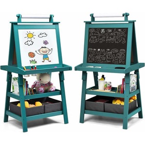 3 in 1 Kinder Staffelei, Kindertafel doppelseitig, Whiteboard & Kreidetafel & Zeichenpapier, Standtafel inkl. Magneten, 2 Regalebenen Holztafel mit 2