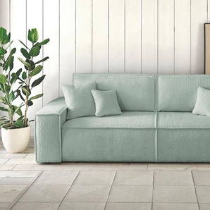 3-Sitzer ANDAS FINNLEY Schlafsofa 257 cm, Schlaffunktion mit Bettkasten (200/136cm), grün (mintgrün), B:257cm H:85cm T:102cm, Bezugstoff aus 90% recyceltem Material , Aqua Clean , Gramatur 580g/ qm +/- 5%, Sofas, in Aqua Clean-Bouclé, Struktur fein u.