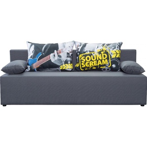 3-Sitzer EXXPO - SOFA FASHION Sofas Gr. B/H/T: 193 cm x 88 cm x 85 cm, Luxus-Microfaser, mit Bettfunktion und Bettkasten, grau (grau, gelb) 3-Sitzer Sofas mit Schlaffunktion und Bettkasten, inkl. loser Zier- Rückenkissen