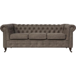 Chesterfield-Sofa HOME AFFAIRE Aarburg Sofas Gr. B/H/T: 203 cm x 77 cm x 87 cm, Luxus-Microfaser Lederoptik, grau (stein) Chesterfieldsofas aufwändige Knopfheftung und Ziernägel im Chesterfield-Design