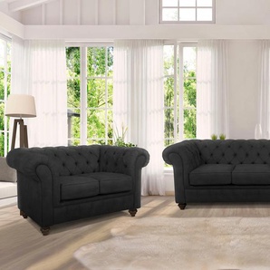 Chesterfield-Sofa HOME AFFAIRE Duc Sofas Gr. B/H/T: 198 cm x 74 cm x 89 cm, Samtoptik, grau (anthrazit) Chesterfieldsofas hochwertige Knopfheftung im Rücken, Samtoptik mich changierender Optik