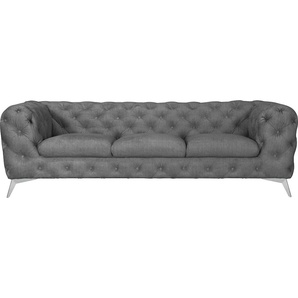 Chesterfield-Sofa LEONIQUE Glynis Sofas Gr. B/H/T: 243 cm x 75 cm x 99 cm, Samtoptik, Fußfarbe chromfarben, grau (hellgrau) Chesterfieldsofas aufwändige Knopfheftung, moderne Chesterfield Optik, Fußfarbe wählbar