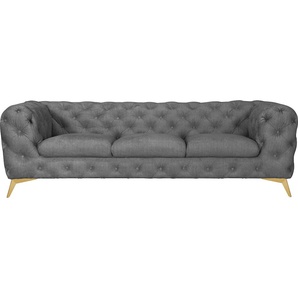 Chesterfield-Sofa LEONIQUE Glynis Sofas Gr. B/H/T: 243 cm x 75 cm x 99 cm, Samtoptik, Fußfarbe goldfarben, grau (hellgrau) Chesterfieldsofas aufwändige Knopfheftung, moderne Chesterfield Optik, Fußfarbe wählbar