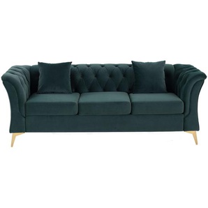3-Sitzer Sofa, Knopf getuftetes Zweiersofa mit Scroll-Armen und goldenen MetallbeinenKnopf getuftetes Zweiersofa mit Scroll-Armen und goldenen Metallbeinen, Türkis, 215*78*76 cm