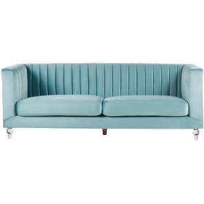 3-Sitzer Sofa Hellblau Samtstoff mit Steppung Hohen Armlehnen Transparenen Acryl-Füßen Dicken Sitzkissen Modern Glam Wohnzimmer Ausstattung