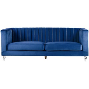 3-Sitzer Sofa Marineblau Samtstoff mit Steppung Hohen Armlehnen Transparenen Acryl-Füßen Dicken Sitzkissen Modern Glam Wohnzimmer Ausstattung