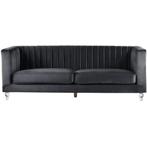 3-Sitzer Sofa Schwarz Samtstoff mit Steppung Hohen Armlehnen Transparenen Acryl-Füßen Dicken Sitzkissen Modern Glam Wohnzimmer Ausstattung