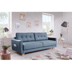 3-Sitzer Sofa Blau/Taubengrau Webstoff Luba 215 x 90 x 90cm mit Schlaffunktion Skandi