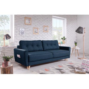 3-Sitzer Sofa Blau/Jeansblau Webstoff Luba 215 x 90 x 90cm mit Schlaffunktion Skandi