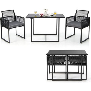 3-teiliges Gartenmöbel-Set, Rattan Balkonmöbel-Set mit klappbarer Rückenlehne & Sitzkissen, Balkonset Terrassenmöbel, platzsparendem Gartengarnitur