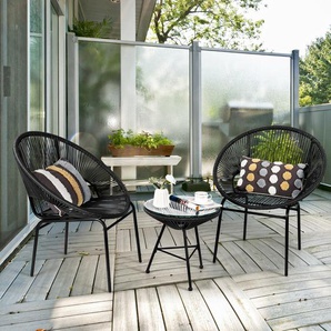 3-teiliges PE Rattan Möbelset Bistro-Set mit Tisch aus Hartglas für Terrasse 72,5 x 65,5 x 82,5 cm Schwarz