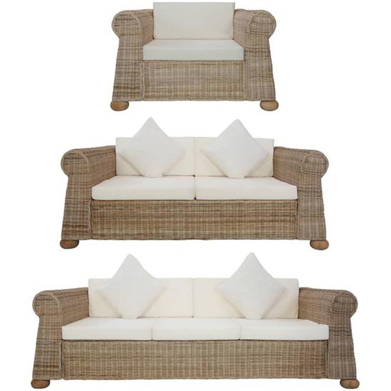 3-tlg. Sofagarnitur mit Kissen Natur Rattan
