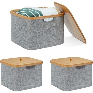 3 x Aufbewahrungskorb Stoff, Bambus, Aufbewahrungsbox mit Deckel, Regalkorb, H x B x T: 25 x 33 x 33 cm, Stoffbox, grau