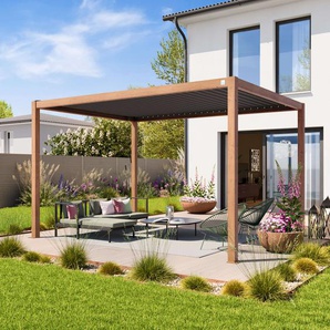 3x4m Pergola in Holzoptik; mit Lamellendach in Perlgrau - (400109)