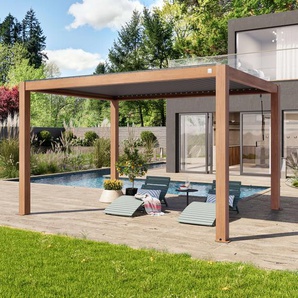 3x4m Pergola in Holzoptik; mit Lamellendach in Perlgrau - (400118)