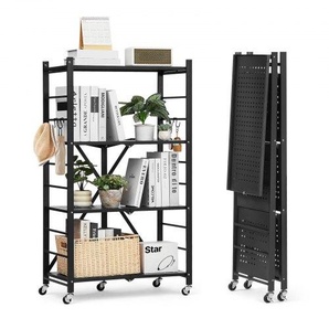 4 Etagen, Klappbare Regale mit Rädern, 33x66x117cm, Faltbares Schwerlastregal, montagefreies Standregal, Haushaltsregal, Küchenregal, Metallregal für Garage, Küche, Keller, schwarz YDKZDHJHS4C1GV6EX001V0