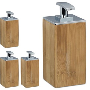 4 x Seifenspender Bambus, nachfüllbar, eckig, HxBxT: 17 x 7 x 7 cm, Lotionspender, 225 ml, Flüssigseifenspender, natur