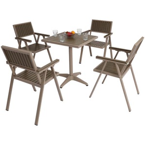 4er-Set Gartenstuhl+Gartentisch HWC-J95, Stuhl Tisch, Gastro Outdoor-Beschichtung, Alu Holzoptik ~ champagner, grau
