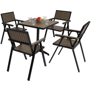 4er-Set Gartenstuhl+Gartentisch HWC-J95, Stuhl Tisch, Gastro Outdoor-Beschichtung, Alu Holzoptik ~ schwarz, grau