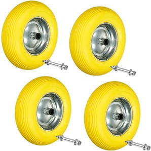 4er Set Schubkarrenrad aus pannensicherem pu Vollgummi, Ersatzrad Gummirad mit Achse, 4.80/4.00-8, Durchmesser 390mm, Gelb, 200kg, Reifen mit