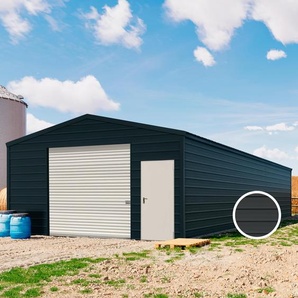 5,7 x 15,2 m ARGO, Stahldach, Leichtbauhalle, Trapezblechverkleidung, Anthrazit, mit Statik (Betonuntergrund), mit Motor und Regenrinne - (KROV00076)