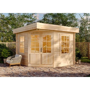5-Eck Gartenhaus Monica-28 aus Massiv-holz, Gerätehaus mit 28 mm Wandstärke, Garten Holzhaus inklusive Montagematerial, Geräteschuppen Größe: 300 x