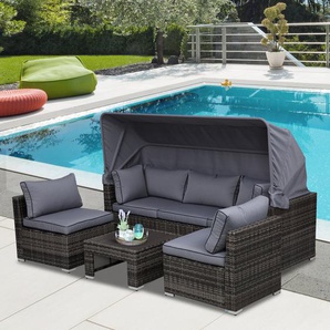 5-Sitzer Rattan Lounge Set Brocadero, Garten Sitzgruppe mit Sonnendach, inkl. Kissen Beistelltisch