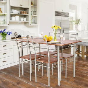 5-teiliges Esstisch-Set Küchentisch mit 4 Stühlen Essgruppe mit hoher Rückenlehne Walnuss