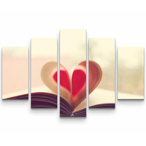 5-tlg. Leinwandbilder-Set Buchseiten zu einem Herz geformt
