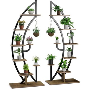 6-stufiger Metall-Pflanzenständer in Halbmondform, mit 2 kleine Ablagen & oberem Haken, Pflanzenregal Kippschutz, 30x60x155 cm 2 Stück - Costway