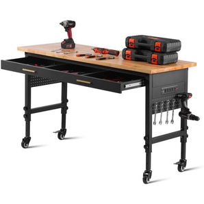 60 verstellbare Werkbank, 1500 lbs Tragkraft, Werkbank mit Schubladen, Steckdose, Rädern und Stecktafel, robuster Arbeitstisch mit Eichenholzplatte