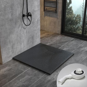 90x90 cm SMC Duschwanne mit Ablaufgarnitur Schwarz Brausewanne Superflach Steinoptik Anti-Rutsch