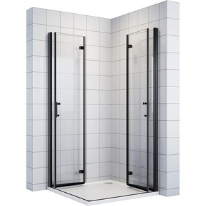90x90x195cm Schwarz Duschkabine mit 180°-Doppelfalttüren Duschabtrennung Scharniertür 6mm nano-esg Klarglas Eckeinstieg